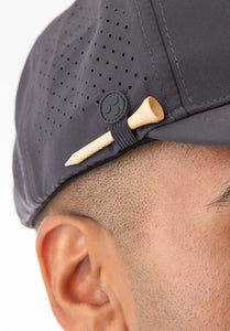 Golf hat that holds tees, perforated in the back for breathability, moisture wicking, sweat resistant. Like Melin hat. 